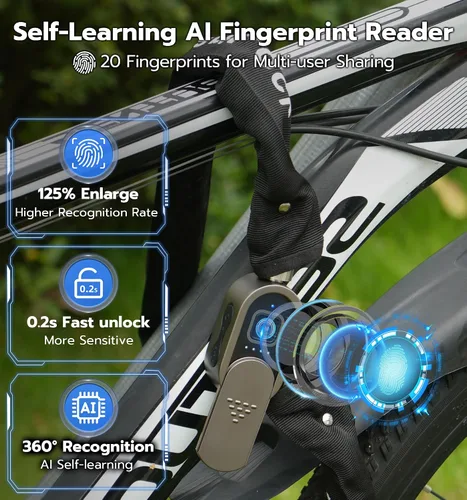 Vista 3 de Anweller Cerradura de cadena para bicicleta de huellas dactilares, resistente al robo, resistente a la intemperie, aplicación Bluetooth bloqueo