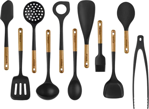 Vista 5 de STAUB Juego de utensilios de cocina de silicona con mango de madera de 5 piezas Negro mate