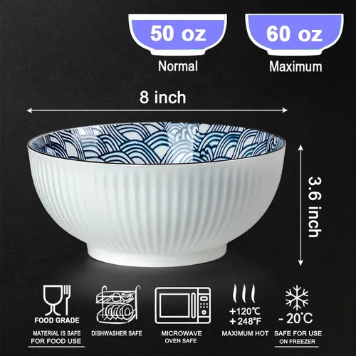 Vista 2 de Hesen Tazón de sopa grande de 60 onzas, cuencos Pho, juego de cuencos de ramen japonés, juego de 3 cuencos grandes de porcelana, 8 pulgadas