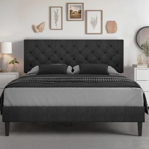 Vista 9 de HOMBCK Base de cama de tamaño individual con cabecera, base de cama tapizada con plataforma de lino para niños, base de cama de tamaño individual