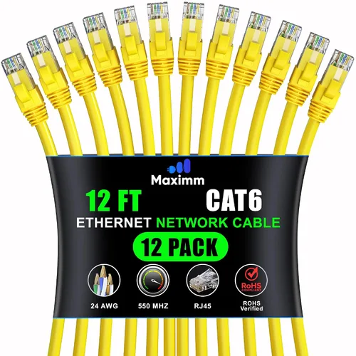 Vista 34 de Maximm Cable Ethernet Cat6 de 7 pies, 10 Gbps 550 MHz, negro, paquete de 12