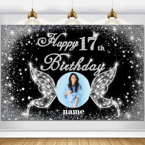 Vista 57 de Cartel personalizado de decoración de fiesta de cumpleaños número 100 - tema de alas de ángel - negro y plateado HY-NLK-100º