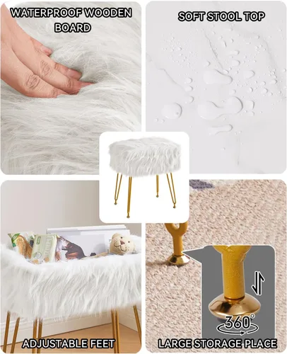 Vista 7 de IBUYKE Taburete rectangular de piel sintética con almacenamiento, color blanco WBD022W Furry Makeup Chair Ottoman Soft Padded Seat Round Footrest