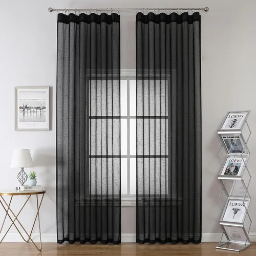 Vista 6 de Cortinas plisadas negras traslúcidas de 84 pulgadas de largo, 2 paneles para dormitorio, lino texturizado, ganchos transparentes para pista