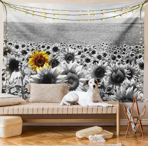 Vista 8 de Lunarable Tapiz moderno, campo de girasol, blanco y negro, una sola flor amarilla, paisaje, individualidad, decoración de tela para colgar