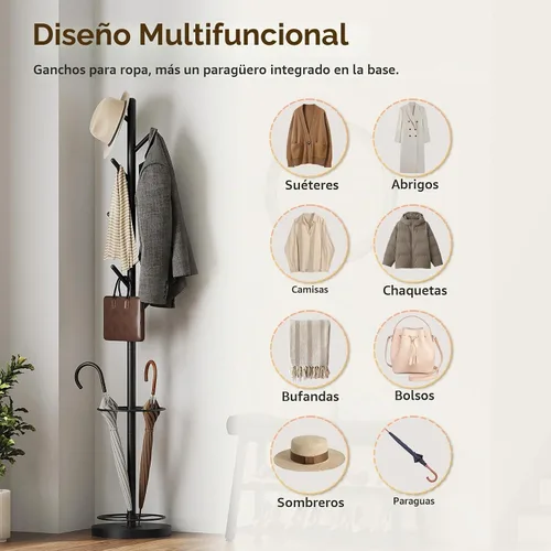 Vista 6 de YATINEY Perchero independiente con soporte para paraguas, perchero con 8 ganchos, árbol de abrigo resistente para entrada, perchero moderno, soporte