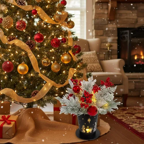 Vista 6 de Centro de Mesa Navideño Iluminado en Maceta de Metal con Temporizador, Escena del Nacimiento Navideño en Base de Metal Negro con Ornamento de Piñas