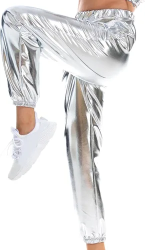 Vista 3 de BZGTZT Pantalones deportivos elásticos de cintura alta metálicos brillantes para mujer, aspecto mojado, hip hop, club, pantalones holográficos