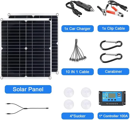 Vista 4 de Kit de panel solar Ovfioaji 200 W 12 V con controlador de carga solar de 100 A y cable de extensión con clips de batería para barco, motocicleta