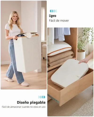 Vista 6 de iEGrow Cesta de lavandería con tapa, cesta grande de lavandería de 110 litros con asa y tapa, organizador de ropa plegable con bolsa interior Beige