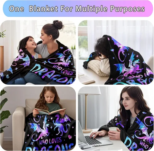 Vista 5 de Manta de dragón de franela suave, regalo para niñas y mujeres, manta de dragón para amantes de los dragones, regalos de cumpleaños, decoración