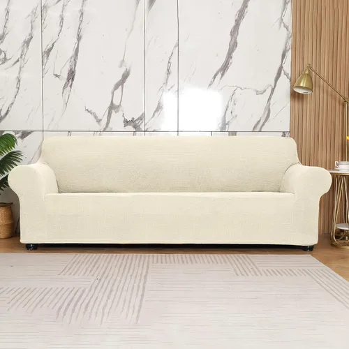 Vista 4 de Funda elástica suave para sofá de 3 cojines, protector de muebles, transpirable, lavable, tela jacquard, cuadros pequeños con parte inferior Beige