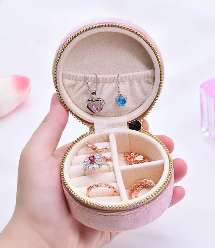 Vista 2 de TAIMY Estuche de viaje pequeño para joyería, mini joyero de viaje redondo para mujeres y niñas, mini cajas organizadoras de viaje para anillos