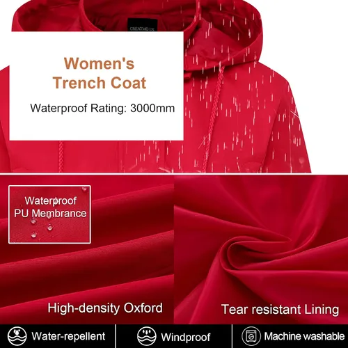 Vista 4 de CREATMO US Gabardina larga resistente al agua para mujer, chaqueta militar cortavientos con capucha reflectante extraíble