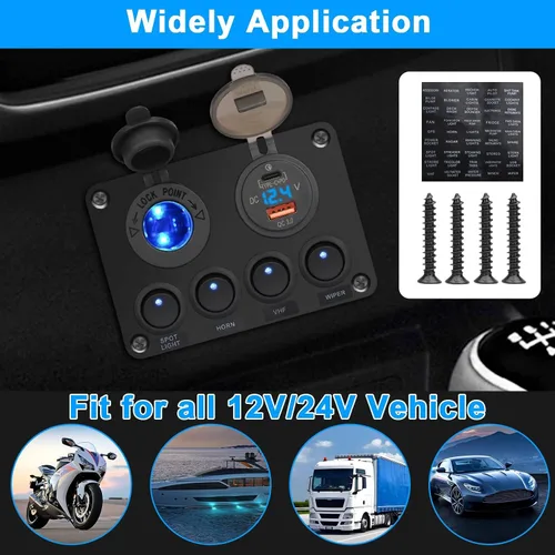 Vista 7 de Linkstyle Panel de interruptores de 12 V, puerto USB A de 18 W y puerto USB C de 45 W, enchufe para encendedor de cigarrillos con voltímetro digital