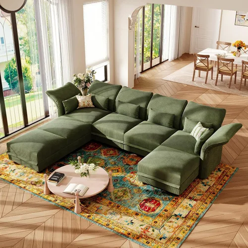 Vista 28 de LLappuil - Sofá seccional en forma de L con almacenamiento, sofás seccionales modulares beige de pana para sala de estar con brazos y respaldos Pana