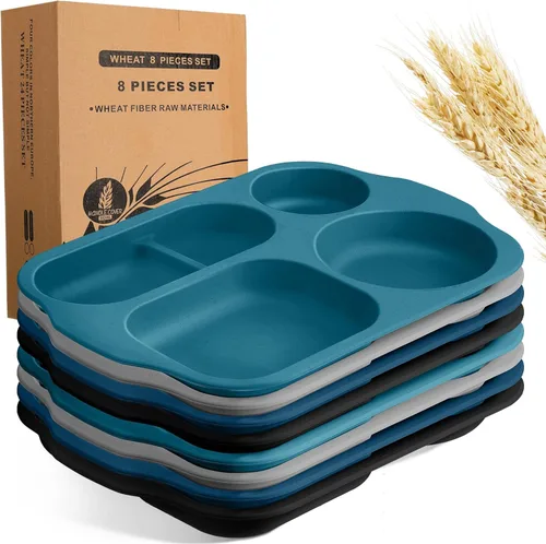 Vista 9 de Tanlade - 8 platos divididos irrompibles grandes de 12 pulgadas para adultos, bandeja de comida de paja de trigo de 5 compartimentos, bandeja
