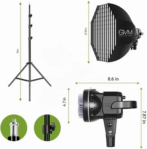 Vista 6 de GVM Kit de Iluminación para Estudio Fotográfico de 80W, Luz de Video LED con Softbox de Montaje Bowen de 23.6", Soporte de Trípode, Salida Continua