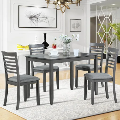Vista 10 de RuiSiSi 6 Piece Solid Wood Dining Table Set, Farmhouse Extendable Kitchen Table with a Bench and 4 Padded Chairs, 4-6 Dining Table Set with Bench