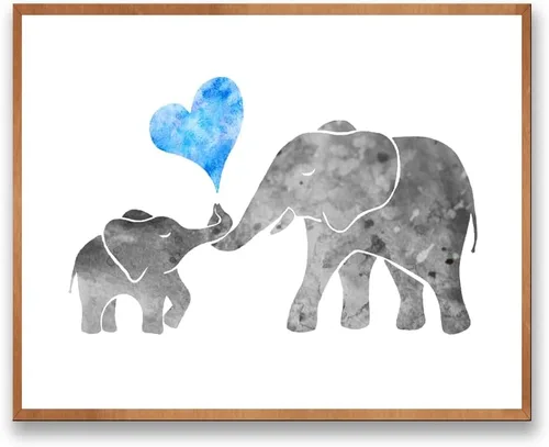 Vista 3 de ZLKAPT Pintura de acuarela gris para bebé, niño, elefante con mamá, arte de pared, diseño de corazón de amor azul, linda imagen para decoración