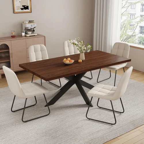 Vista 28 de ZckyCine Juego de mesa de comedor extensible de 6 piezas, moderna mesa de madera gris de 63 a 79 pulgadas con 6 sillas de tela gris, mesa de comedor