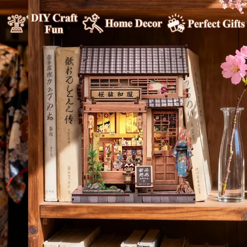 Vista 3 de CUTEBEE Kit de rincón de libro, tienda de kimonos de Sakura japonesa, casa de muñecas en 3D, rompecabezas de madera 3D para adultos y adolescentes