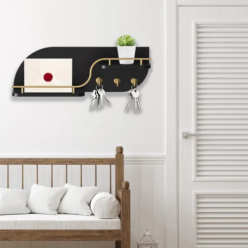 Vista 4 de Soporte para llaves de pared, organizador decorativo de llaves y correo con 3 ganchos de metal y 2 estantes, estante de llaves de madera montado
