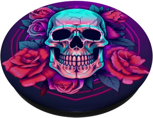 Vista 2 de Synthwave Sugar Skull Flowers PopSockets intercambiables PopGrip