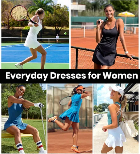 Vista 6 de Vestido de tenis para mujer con pantalones cortos debajo del vestido de entrenamiento con brasier integrado, vestidos atléticos de golf, vestido