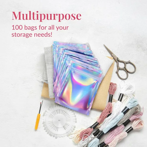 Vista 4 de Prestee Paquete de 100 bolsas de Mylar de 4 x 6 pulgadas, bolsas holográficas resellables con ventana, bolsa de Mylar a prueba de olores