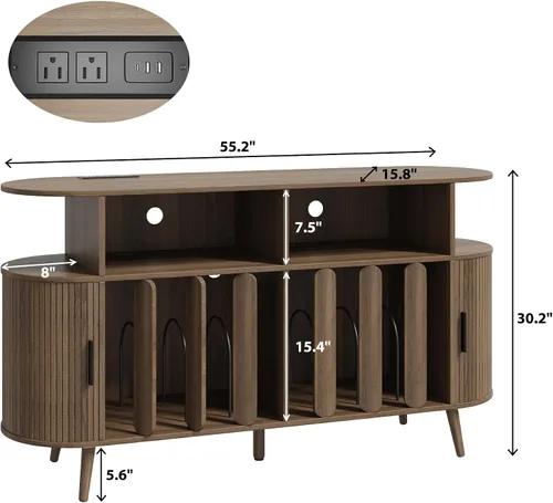 Vista 3 de Soporte para tocadiscos con almacenamiento de vinilo, mesa de tocadiscos con estación de carga, consola multimedia y estante de discos para más