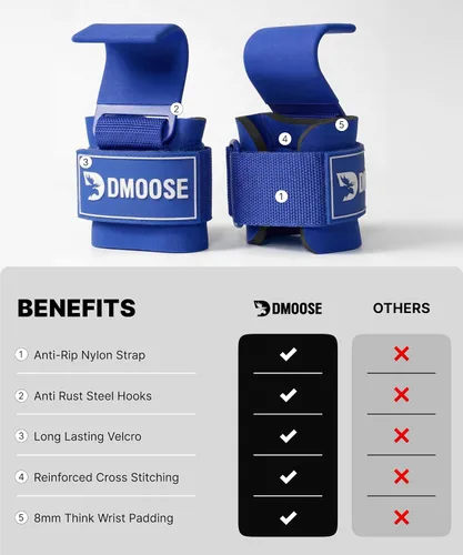 Vista 7 de DMoose Fitness Ganchos de levantamiento de pesas (par) para peso muerto, dominadas, remo y encogimientos de hombros – Correa de nailon