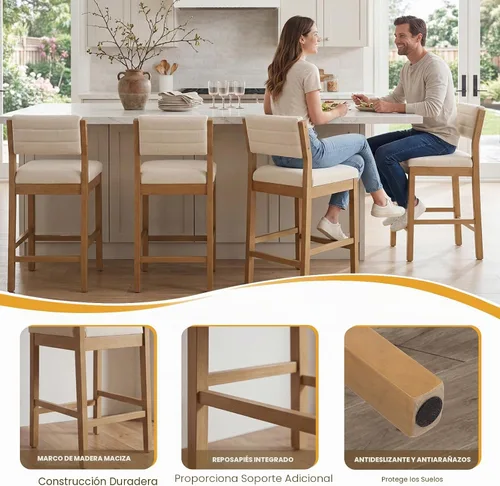 Vista 6 de CIMOTA Taburete de bar de 26 pulgadas de alto, taburete de bar de madera con respaldo, taburetes de isla de cocina tapizados de lino, silla de barra