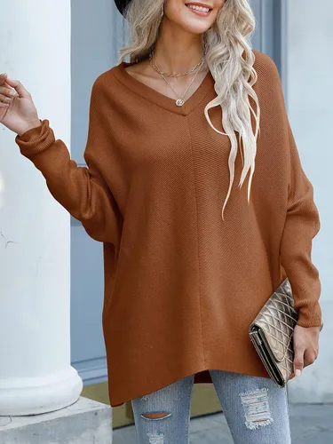 Vista 3 de ANRABESS - Suéter tejido para mujer, cuello en V, caída larga tipo murciélago, dobladillo asimétrico, estilo casual