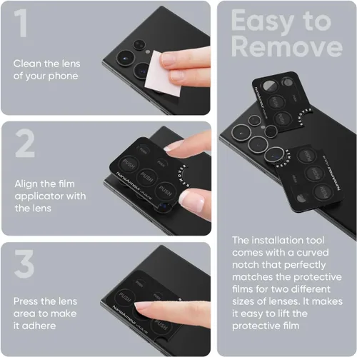 Vista 4 de FLOLAB NanoArmour - Protector de lente de cámara para Samsung Galaxy S24 Ultra, duradero, cubierta de vidrio templado, cubierta de lente de Negro