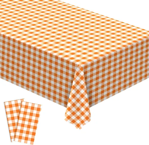 Vista 2 de Mantel de plástico a cuadros naranja y blanco, decoración de otoño y Acción de Gracias, a cuadros, desechable, decoración de comedor y cocina, 54 x