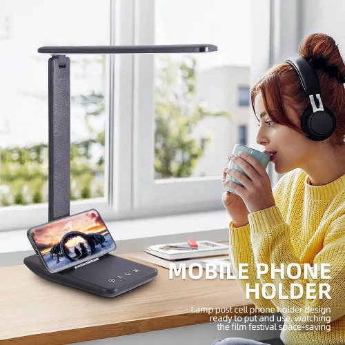 Vista 4 de Lámpara LED de escritorio para oficina en casa, puerto de carga USB, lámpara de mesa regulable, lámpara de mesa plegable, control táctil, 5 modos