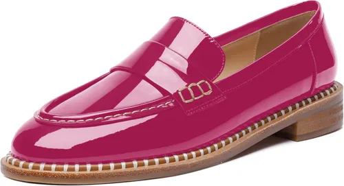 Vista 11 de FOGEENA Mocasines de tacón bajo para mujer, estilo casual, puntera redonda, de charol grueso, de 1 pulgada