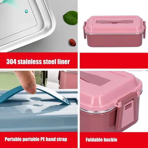 Vista 5 de Portable Stainless Steel Lunch Box, Bento Insulated Rectangular Rice Box, Single Layer Food Container with Handle for Home and School Use