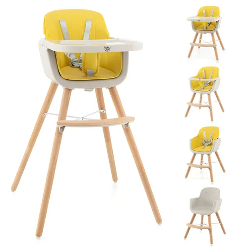 Vista 10 de BABY JOY Trona convertible para bebé, 3 en 1, silla alta de madera/asiento elevador/silla con bandeja extraíble, patas ajustables, arnés de 5 Beige