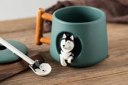 Vista 8 de DIHOclub Taza de café de cerámica con tapa y cuchara a juego, taza novedosa 3D con patrón de Husky para té, leche, chocolate, jugo, taza linda
