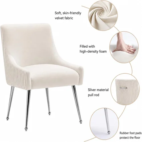 Vista 3 de Sillas de comedor de estilo moderno de terciopelo tapizadas con barra vertical, silla de acento con botón acolchado con patas plateadas, juego de 2