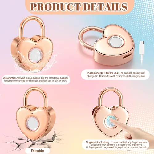 Vista 3 de Candado de huellas dactilares con forma de corazón, pequeño candado de oro rosa para mujer, candado inteligente con estampado de dedos