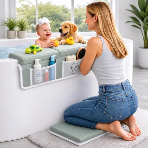 Vista 11 de Cómodo juego de rodilleras y coderas de baño para bebé, almohadilla antideslizante para bañarse, tapete acolchado para bañera, coderas, bolsillos