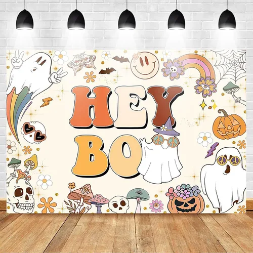 Vista 2 de Mocsicka Hey Boo - Telón de fondo Groovy para Halloween, baby shower, decoración de fiesta de bebé, fondo lindo de calabazas de Halloween, baby