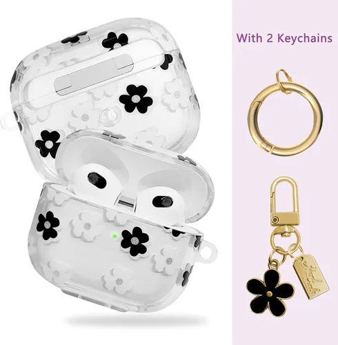 Vista 2 de Funda compatible con AirPods 3 2021, TPU suave con bonito patrón de flores para AirPods de 3ª generación con llavero de flores y mosquetón para Negro