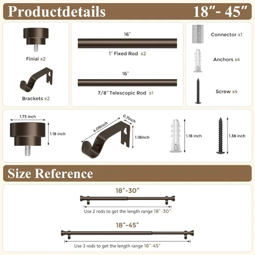 Vista 8 de HEI! DEAR Barras de cortina de bronce de 28 a 48 pulgadas, 1 pulgada de alta resistencia, ajustables, decorativas modernas, telescópicas para Bronce
