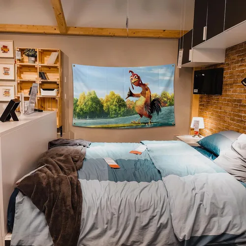 Vista 7 de Póster Divertido de Bandera de Pollo, Bandera de Pared Duradera para Cueva del Hombre con 4 Ojales de Latón, Tapiz de 3 x 5 Pies para Decoración