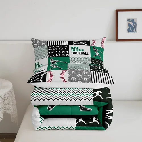 Vista 5 de Erosebridal Ropa de cama de béisbol tamaño matrimonial, juego de edredón de jugador de béisbol para adolescentes y adultos, edredón de retazos con 2