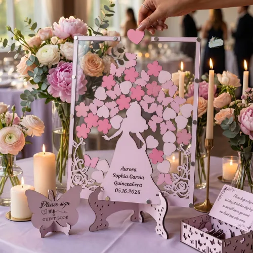 Vista 2 de Alternativa personalizada para libro de invitados de quinceañera, marco de madera rosa rubor, recuerdo de inscripción, princesa dulce 15 Mis